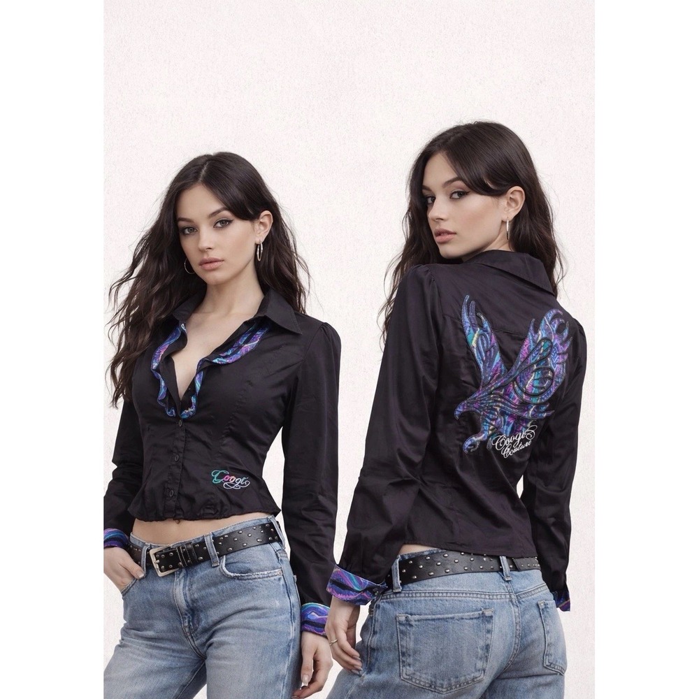 COOGI Couture Black Blouse L‎ Embroidered Eagle Graphic Ruffle Y2K Streetwear